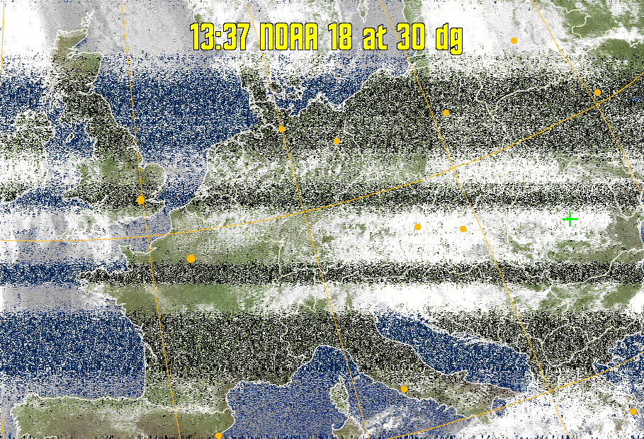 MCIR-precip: 
Colours the NOAA sensor 4 IR image using a map to colour the sea blue and land
green. High clouds appear white, lower clouds gray or land/sea coloured, clouds
generally appear lighter, but distinguishing between land/sea and low cloud may
be difficult. Darker colours indicate warmer regions.