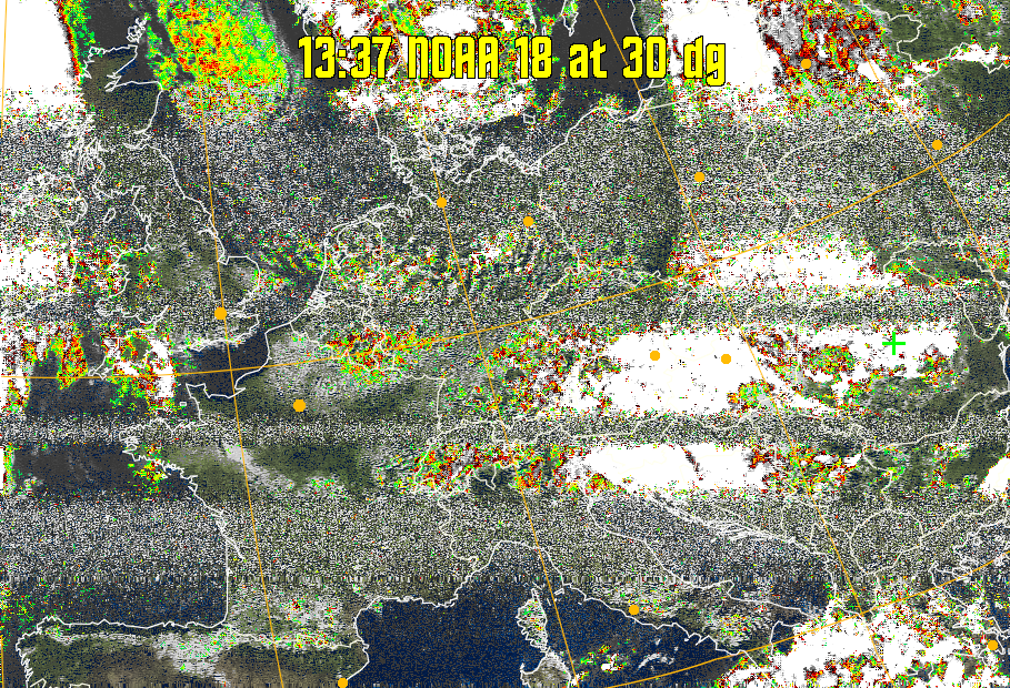 MSA-precip:
Same as MSA multispectral analysis, but high cold cloud tops are coloured the
same as the NO enhancement to give an approximate indication of the probability
and intensity of precipitation.