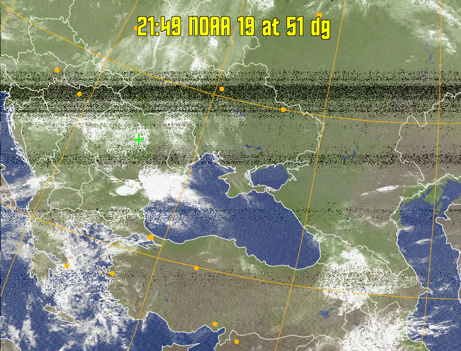 MCIR-precip: 
Colours the NOAA sensor 4 IR image using a map to colour the sea blue and land
green. High clouds appear white, lower clouds gray or land/sea coloured, clouds
generally appear lighter, but distinguishing between land/sea and low cloud may
be difficult. Darker colours indicate warmer regions.