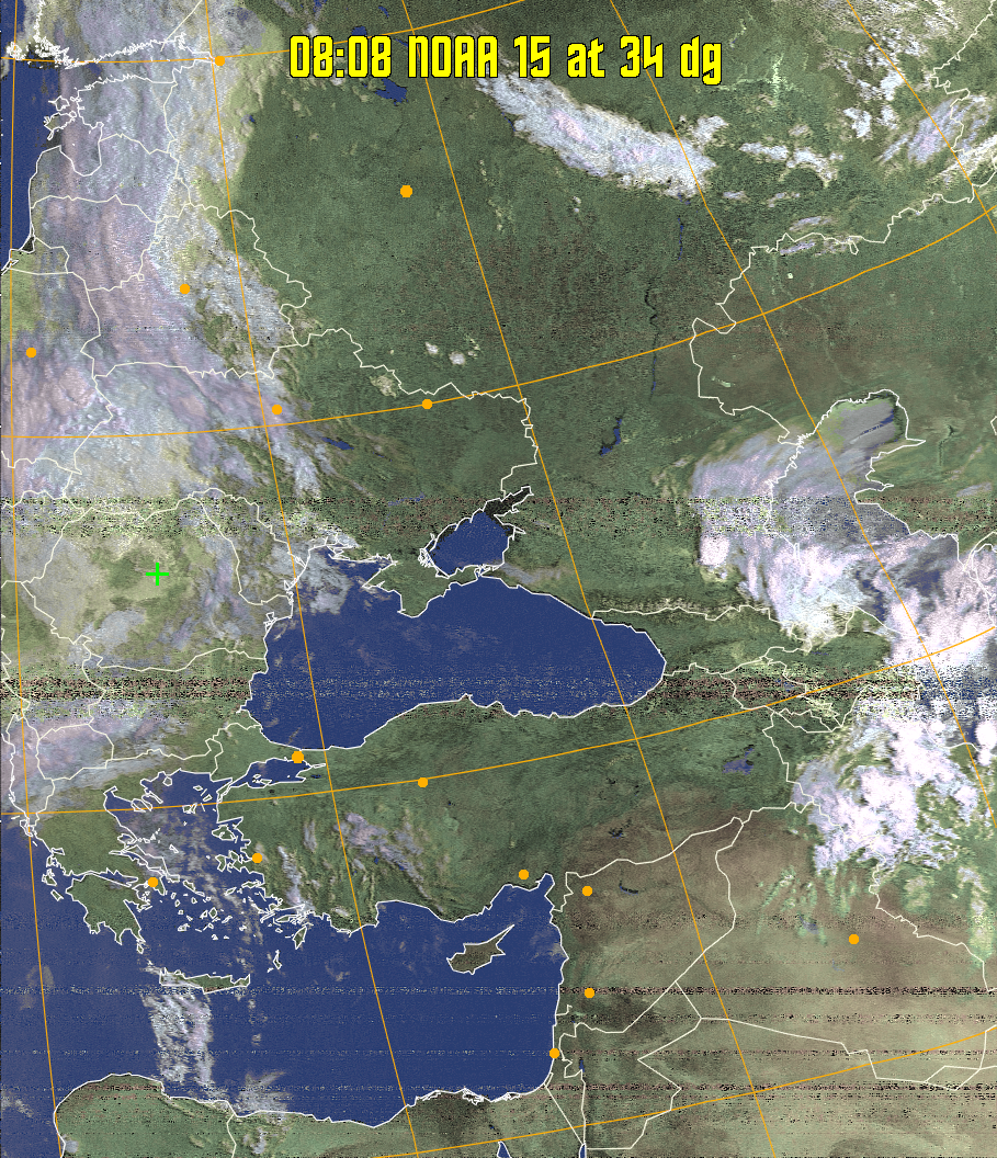 HVCT:
Similar to HVC, but with blue water and with colours more indicative of
land temperatures.
HVC:
Creates a false colour image from NOAA APT images based on temperature using
the HVC colour model. Uses the temperature derived from the sensor 4 image to
select the hue and the brightness from the histogram equalised other image to
select the value and chroma. The HVC colour model attempts to ensure that different colours at the same value will appear to the eye to be the same brightness
and the spacing between colours representing each degree will appear to the eye to
be similar. Bright areas are completely unsaturated in this model.