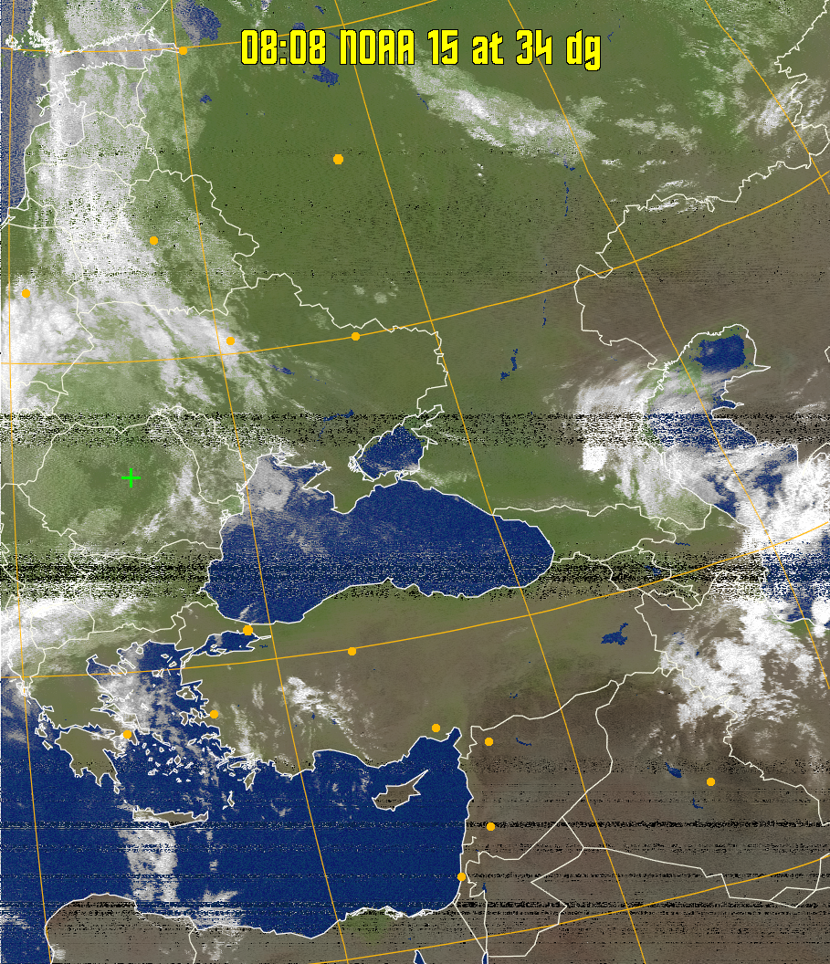 MCIR-precip: 
Colours the NOAA sensor 4 IR image using a map to colour the sea blue and land
green. High clouds appear white, lower clouds gray or land/sea coloured, clouds
generally appear lighter, but distinguishing between land/sea and low cloud may
be difficult. Darker colours indicate warmer regions.