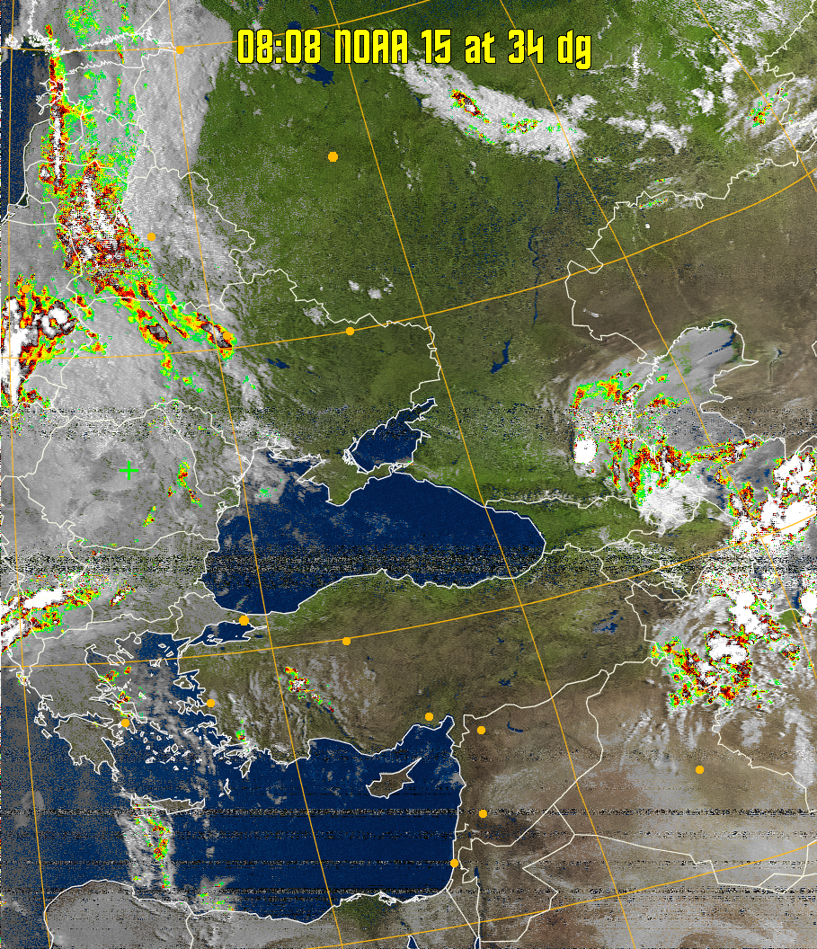 MSA-precip:
Same as MSA multispectral analysis, but high cold cloud tops are coloured the
same as the NO enhancement to give an approximate indication of the probability
and intensity of precipitation.