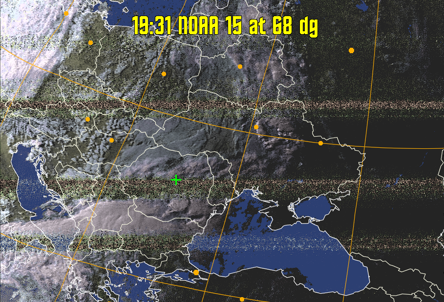 HVCT:
Similar to HVC, but with blue water and with colours more indicative of
land temperatures.
HVC:
Creates a false colour image from NOAA APT images based on temperature using
the HVC colour model. Uses the temperature derived from the sensor 4 image to
select the hue and the brightness from the histogram equalised other image to
select the value and chroma. The HVC colour model attempts to ensure that different colours at the same value will appear to the eye to be the same brightness
and the spacing between colours representing each degree will appear to the eye to
be similar. Bright areas are completely unsaturated in this model.