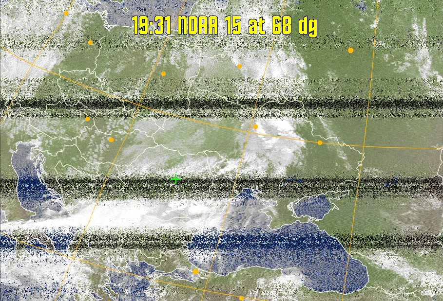 MCIR-precip: 
Colours the NOAA sensor 4 IR image using a map to colour the sea blue and land
green. High clouds appear white, lower clouds gray or land/sea coloured, clouds
generally appear lighter, but distinguishing between land/sea and low cloud may
be difficult. Darker colours indicate warmer regions.