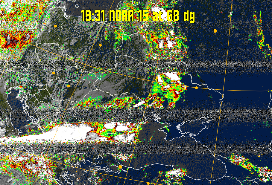 MSA-precip:
Same as MSA multispectral analysis, but high cold cloud tops are coloured the
same as the NO enhancement to give an approximate indication of the probability
and intensity of precipitation.