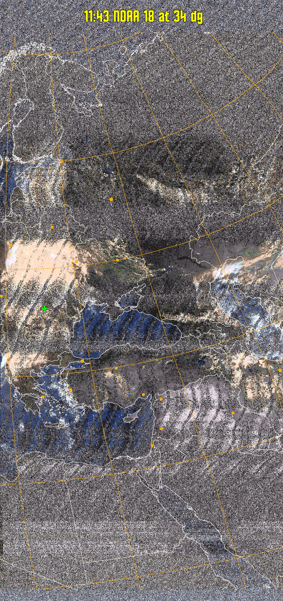 HVCT:
Similar to HVC, but with blue water and with colours more indicative of
land temperatures.
HVC:
Creates a false colour image from NOAA APT images based on temperature using
the HVC colour model. Uses the temperature derived from the sensor 4 image to
select the hue and the brightness from the histogram equalised other image to
select the value and chroma. The HVC colour model attempts to ensure that different colours at the same value will appear to the eye to be the same brightness
and the spacing between colours representing each degree will appear to the eye to
be similar. Bright areas are completely unsaturated in this model.