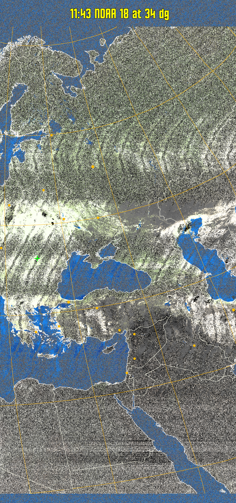 MCIR-precip: 
Colours the NOAA sensor 4 IR image using a map to colour the sea blue and land
green. High clouds appear white, lower clouds gray or land/sea coloured, clouds
generally appear lighter, but distinguishing between land/sea and low cloud may
be difficult. Darker colours indicate warmer regions.