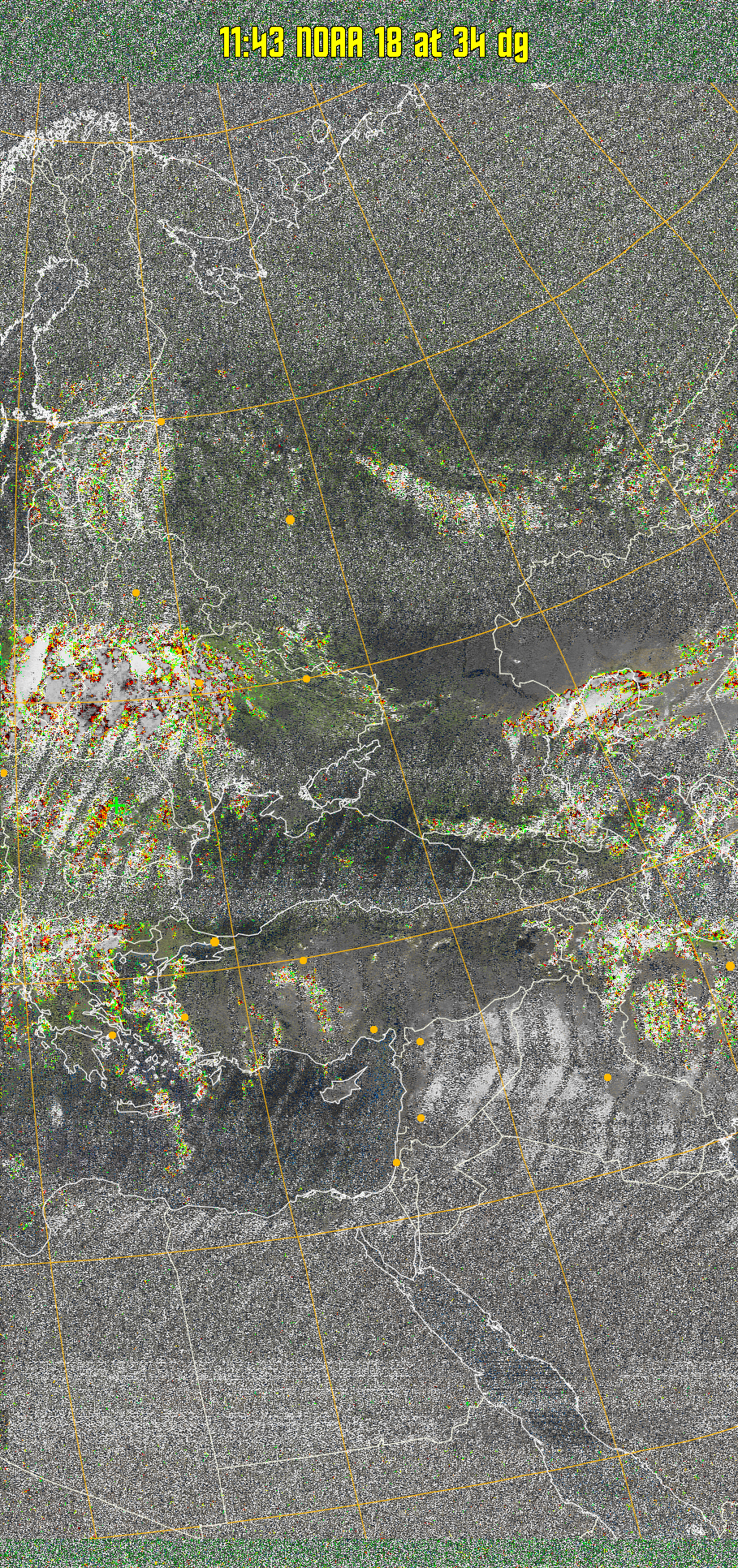 MSA-precip:
Same as MSA multispectral analysis, but high cold cloud tops are coloured the
same as the NO enhancement to give an approximate indication of the probability
and intensity of precipitation.