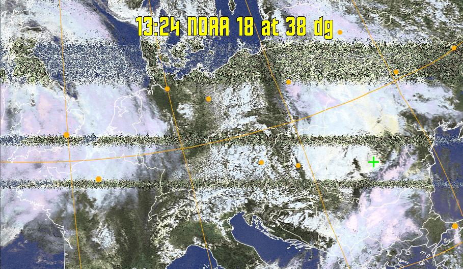 HVCT:
Similar to HVC, but with blue water and with colours more indicative of
land temperatures.
HVC:
Creates a false colour image from NOAA APT images based on temperature using
the HVC colour model. Uses the temperature derived from the sensor 4 image to
select the hue and the brightness from the histogram equalised other image to
select the value and chroma. The HVC colour model attempts to ensure that different colours at the same value will appear to the eye to be the same brightness
and the spacing between colours representing each degree will appear to the eye to
be similar. Bright areas are completely unsaturated in this model.