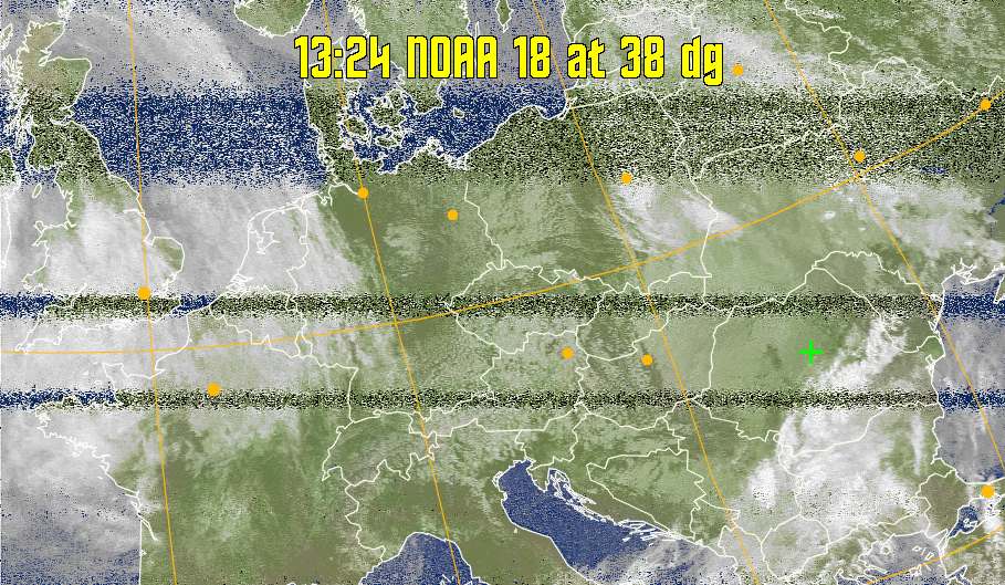 MCIR-precip: 
Colours the NOAA sensor 4 IR image using a map to colour the sea blue and land
green. High clouds appear white, lower clouds gray or land/sea coloured, clouds
generally appear lighter, but distinguishing between land/sea and low cloud may
be difficult. Darker colours indicate warmer regions.