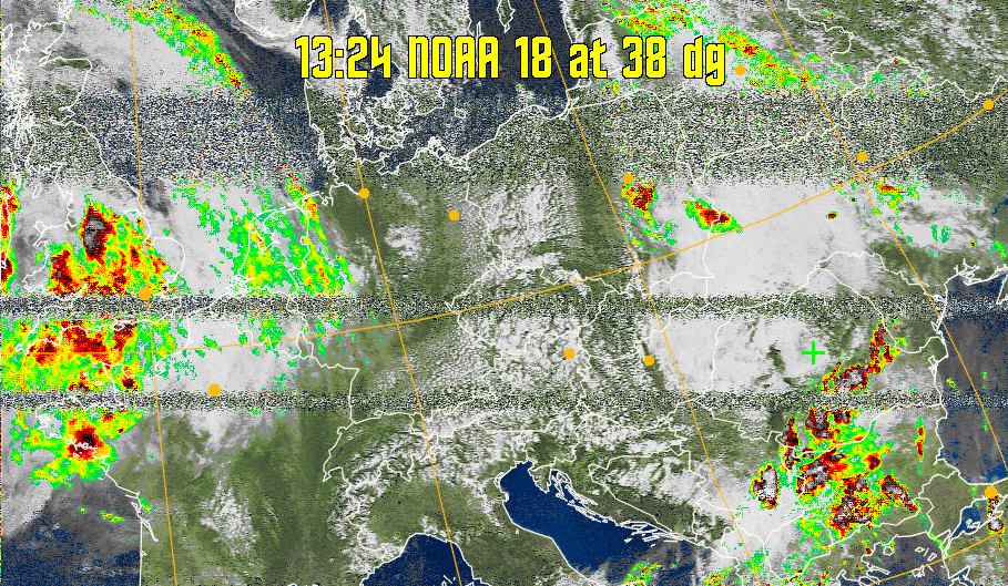 MSA-precip:
Same as MSA multispectral analysis, but high cold cloud tops are coloured the
same as the NO enhancement to give an approximate indication of the probability
and intensity of precipitation.