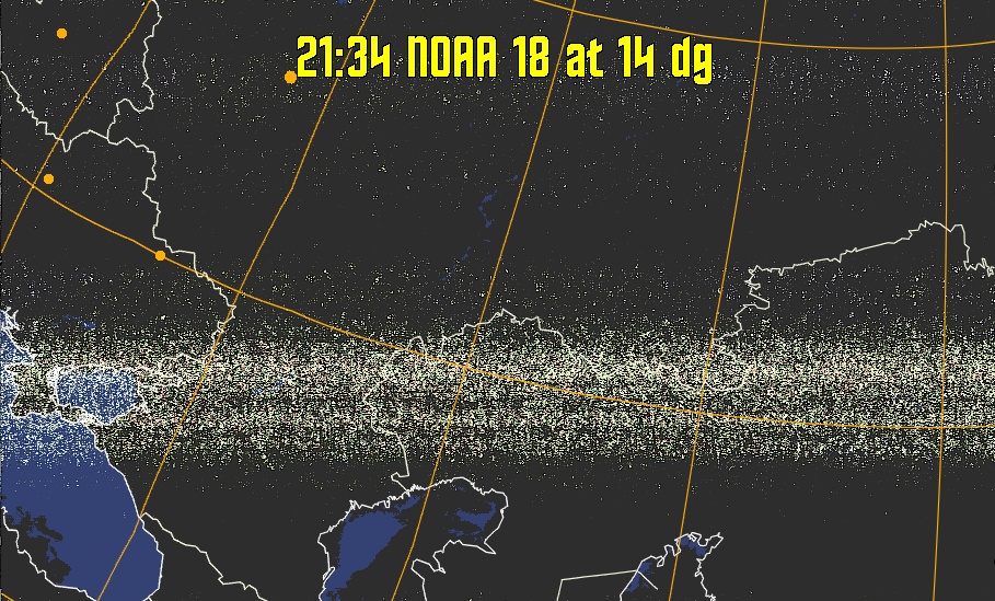 HVCT:
Similar to HVC, but with blue water and with colours more indicative of
land temperatures.
HVC:
Creates a false colour image from NOAA APT images based on temperature using
the HVC colour model. Uses the temperature derived from the sensor 4 image to
select the hue and the brightness from the histogram equalised other image to
select the value and chroma. The HVC colour model attempts to ensure that different colours at the same value will appear to the eye to be the same brightness
and the spacing between colours representing each degree will appear to the eye to
be similar. Bright areas are completely unsaturated in this model.