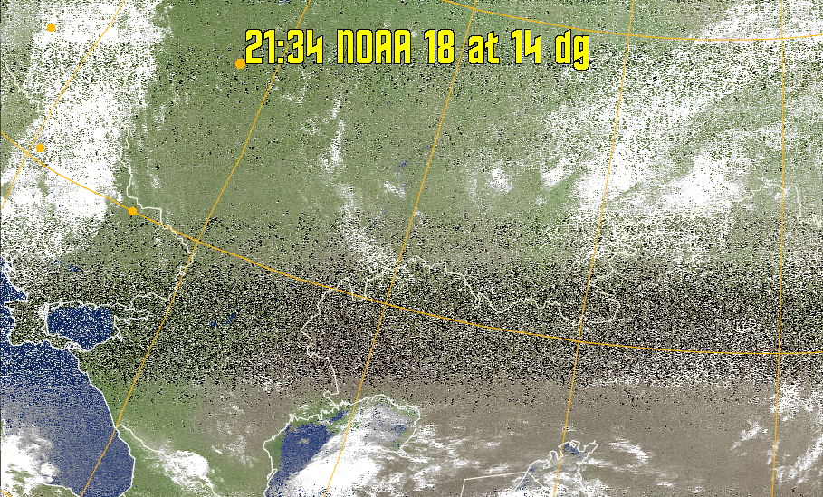 MCIR-precip: 
Colours the NOAA sensor 4 IR image using a map to colour the sea blue and land
green. High clouds appear white, lower clouds gray or land/sea coloured, clouds
generally appear lighter, but distinguishing between land/sea and low cloud may
be difficult. Darker colours indicate warmer regions.