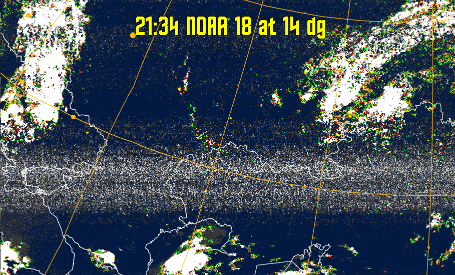 MSA-precip:
Same as MSA multispectral analysis, but high cold cloud tops are coloured the
same as the NO enhancement to give an approximate indication of the probability
and intensity of precipitation.