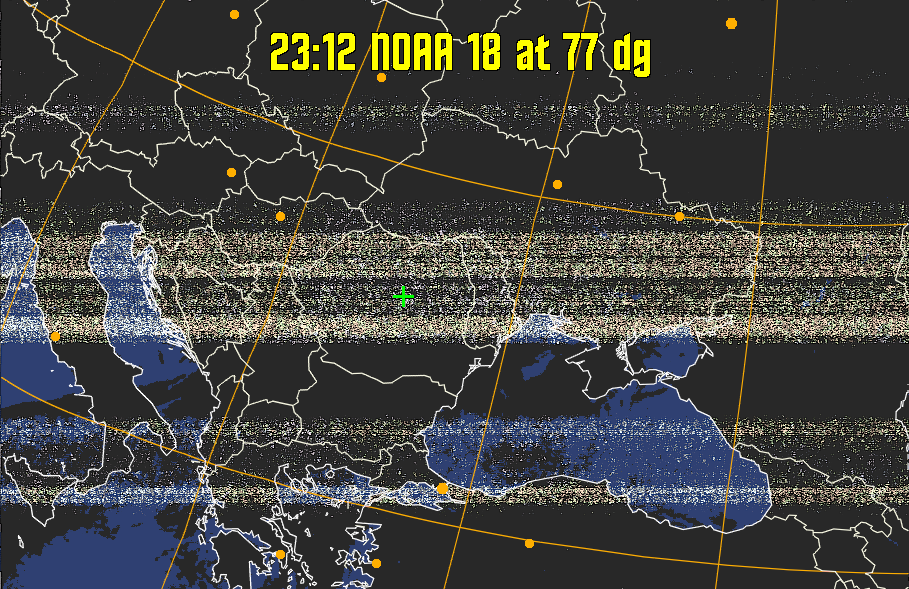 HVCT:
Similar to HVC, but with blue water and with colours more indicative of
land temperatures.
HVC:
Creates a false colour image from NOAA APT images based on temperature using
the HVC colour model. Uses the temperature derived from the sensor 4 image to
select the hue and the brightness from the histogram equalised other image to
select the value and chroma. The HVC colour model attempts to ensure that different colours at the same value will appear to the eye to be the same brightness
and the spacing between colours representing each degree will appear to the eye to
be similar. Bright areas are completely unsaturated in this model.