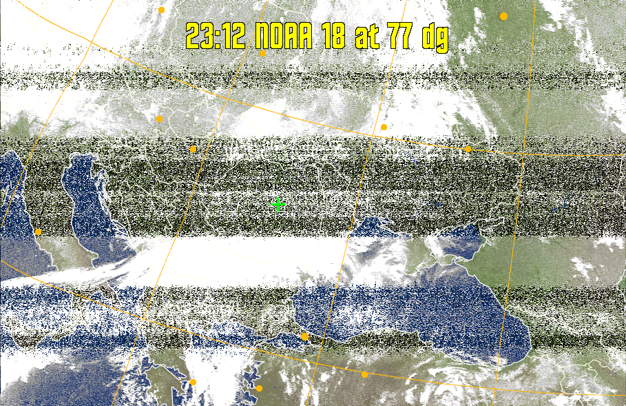 MCIR-precip: 
Colours the NOAA sensor 4 IR image using a map to colour the sea blue and land
green. High clouds appear white, lower clouds gray or land/sea coloured, clouds
generally appear lighter, but distinguishing between land/sea and low cloud may
be difficult. Darker colours indicate warmer regions.