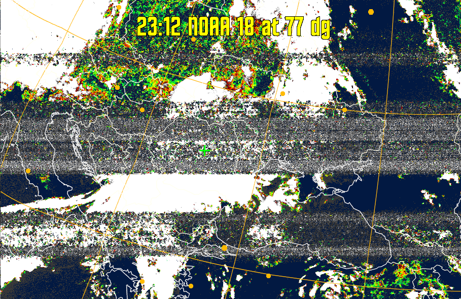 MSA-precip:
Same as MSA multispectral analysis, but high cold cloud tops are coloured the
same as the NO enhancement to give an approximate indication of the probability
and intensity of precipitation.