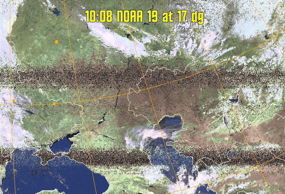 HVCT:
Similar to HVC, but with blue water and with colours more indicative of
land temperatures.
HVC:
Creates a false colour image from NOAA APT images based on temperature using
the HVC colour model. Uses the temperature derived from the sensor 4 image to
select the hue and the brightness from the histogram equalised other image to
select the value and chroma. The HVC colour model attempts to ensure that different colours at the same value will appear to the eye to be the same brightness
and the spacing between colours representing each degree will appear to the eye to
be similar. Bright areas are completely unsaturated in this model.
