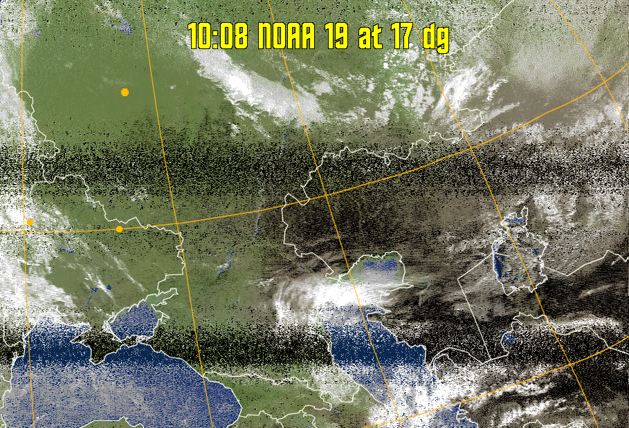 MCIR-precip: 
Colours the NOAA sensor 4 IR image using a map to colour the sea blue and land
green. High clouds appear white, lower clouds gray or land/sea coloured, clouds
generally appear lighter, but distinguishing between land/sea and low cloud may
be difficult. Darker colours indicate warmer regions.