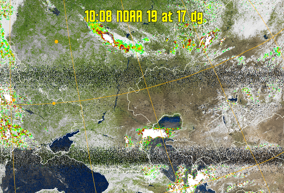 MSA-precip:
Same as MSA multispectral analysis, but high cold cloud tops are coloured the
same as the NO enhancement to give an approximate indication of the probability
and intensity of precipitation.