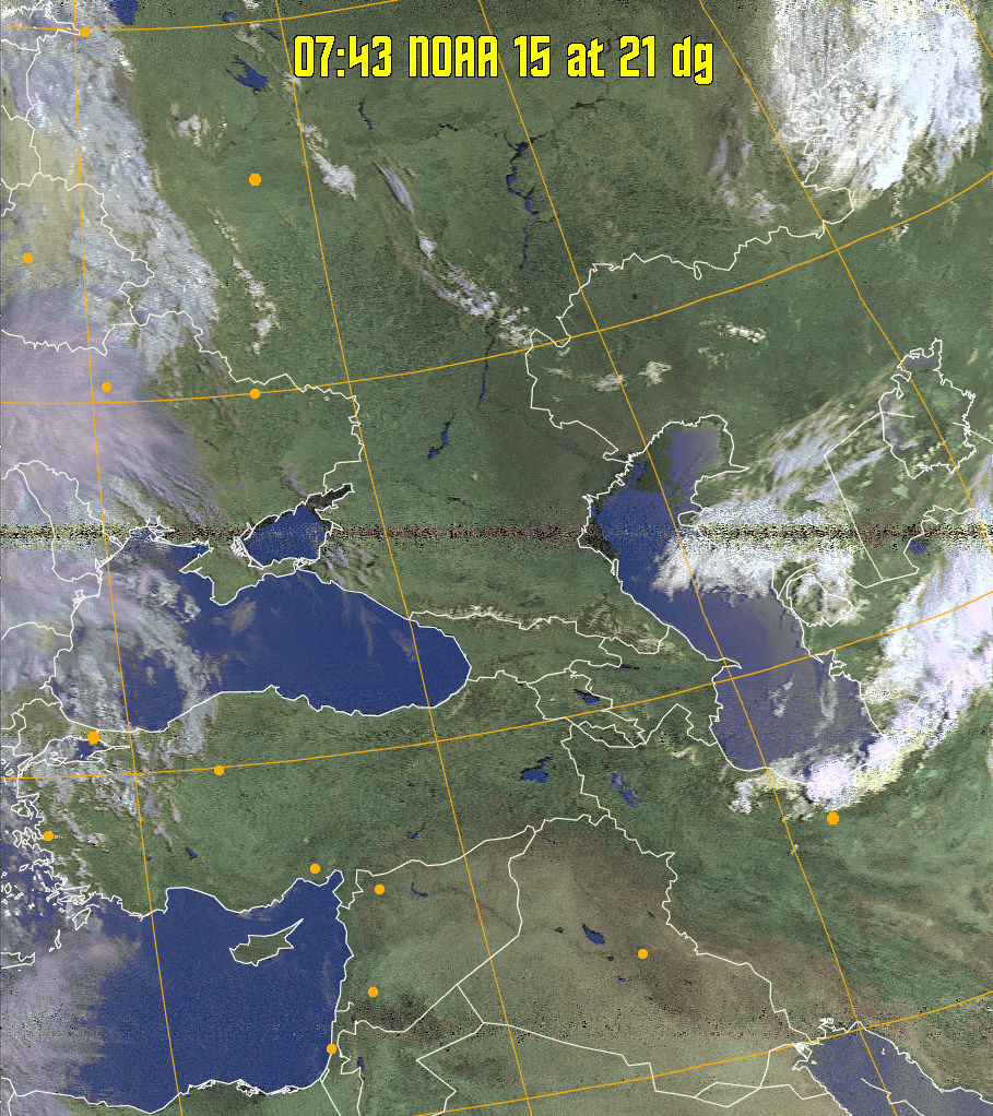 HVCT:
Similar to HVC, but with blue water and with colours more indicative of
land temperatures.
HVC:
Creates a false colour image from NOAA APT images based on temperature using
the HVC colour model. Uses the temperature derived from the sensor 4 image to
select the hue and the brightness from the histogram equalised other image to
select the value and chroma. The HVC colour model attempts to ensure that different colours at the same value will appear to the eye to be the same brightness
and the spacing between colours representing each degree will appear to the eye to
be similar. Bright areas are completely unsaturated in this model.