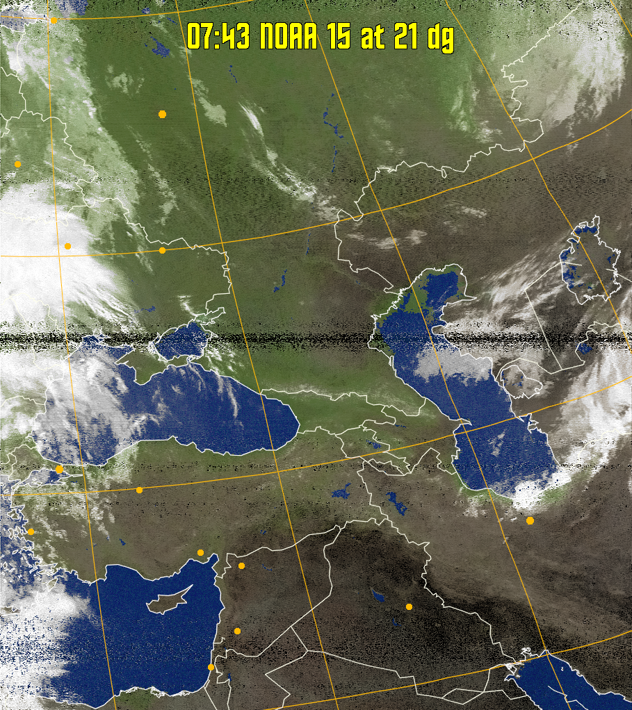 MCIR-precip: 
Colours the NOAA sensor 4 IR image using a map to colour the sea blue and land
green. High clouds appear white, lower clouds gray or land/sea coloured, clouds
generally appear lighter, but distinguishing between land/sea and low cloud may
be difficult. Darker colours indicate warmer regions.
