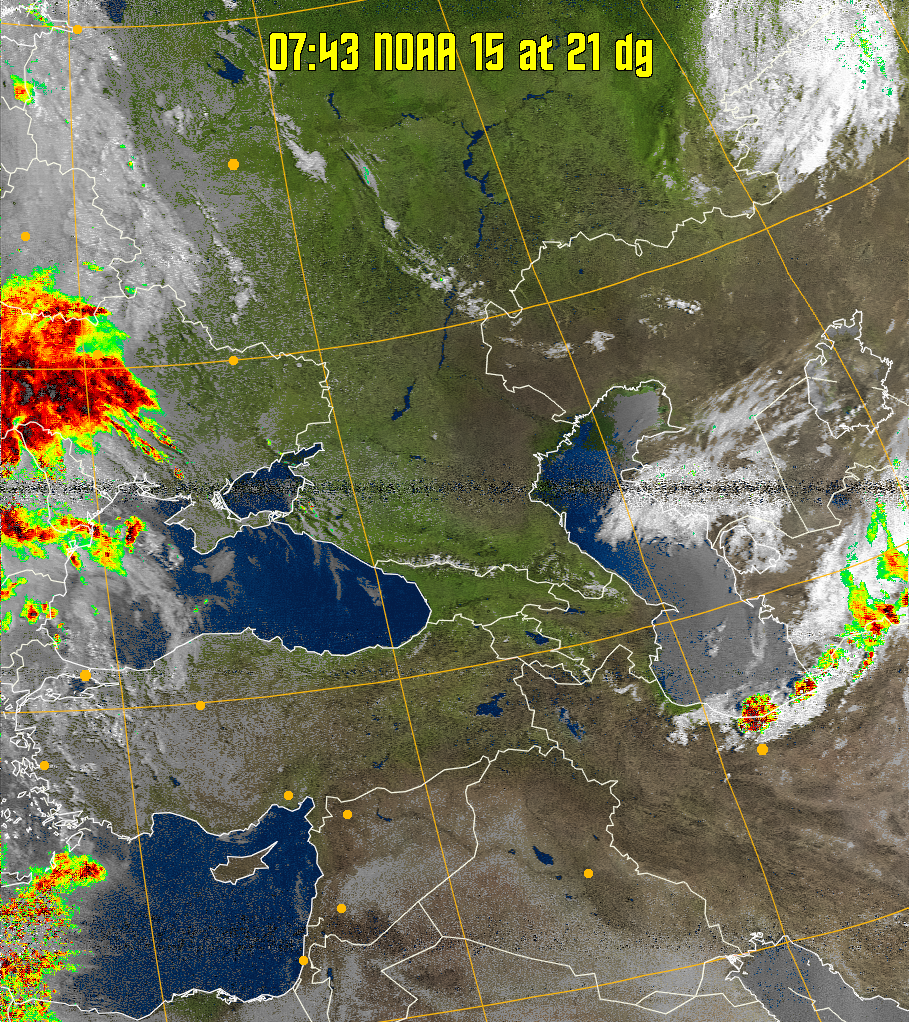 MSA-precip:
Same as MSA multispectral analysis, but high cold cloud tops are coloured the
same as the NO enhancement to give an approximate indication of the probability
and intensity of precipitation.