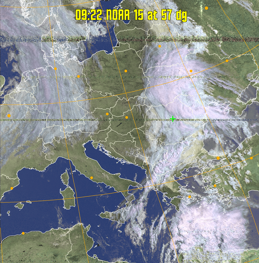HVCT:
Similar to HVC, but with blue water and with colours more indicative of
land temperatures.
HVC:
Creates a false colour image from NOAA APT images based on temperature using
the HVC colour model. Uses the temperature derived from the sensor 4 image to
select the hue and the brightness from the histogram equalised other image to
select the value and chroma. The HVC colour model attempts to ensure that different colours at the same value will appear to the eye to be the same brightness
and the spacing between colours representing each degree will appear to the eye to
be similar. Bright areas are completely unsaturated in this model.