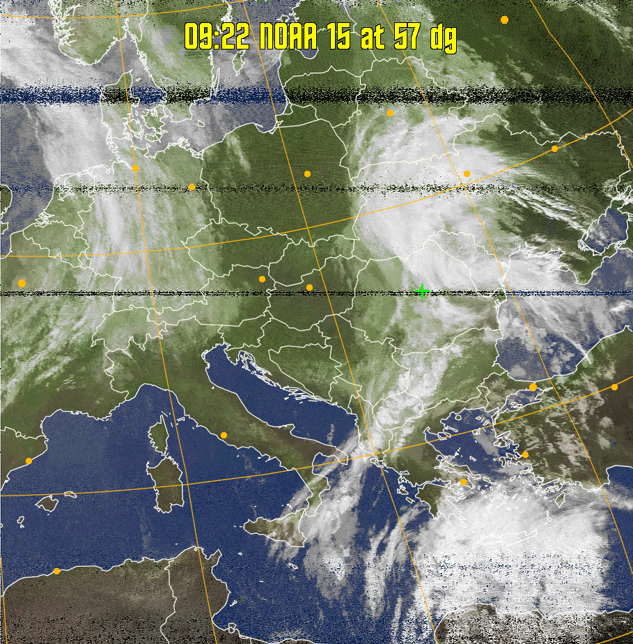 MCIR-precip: 
Colours the NOAA sensor 4 IR image using a map to colour the sea blue and land
green. High clouds appear white, lower clouds gray or land/sea coloured, clouds
generally appear lighter, but distinguishing between land/sea and low cloud may
be difficult. Darker colours indicate warmer regions.
