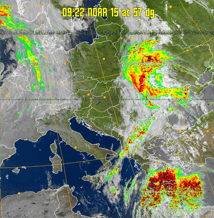 MSA-precip:
Same as MSA multispectral analysis, but high cold cloud tops are coloured the
same as the NO enhancement to give an approximate indication of the probability
and intensity of precipitation.