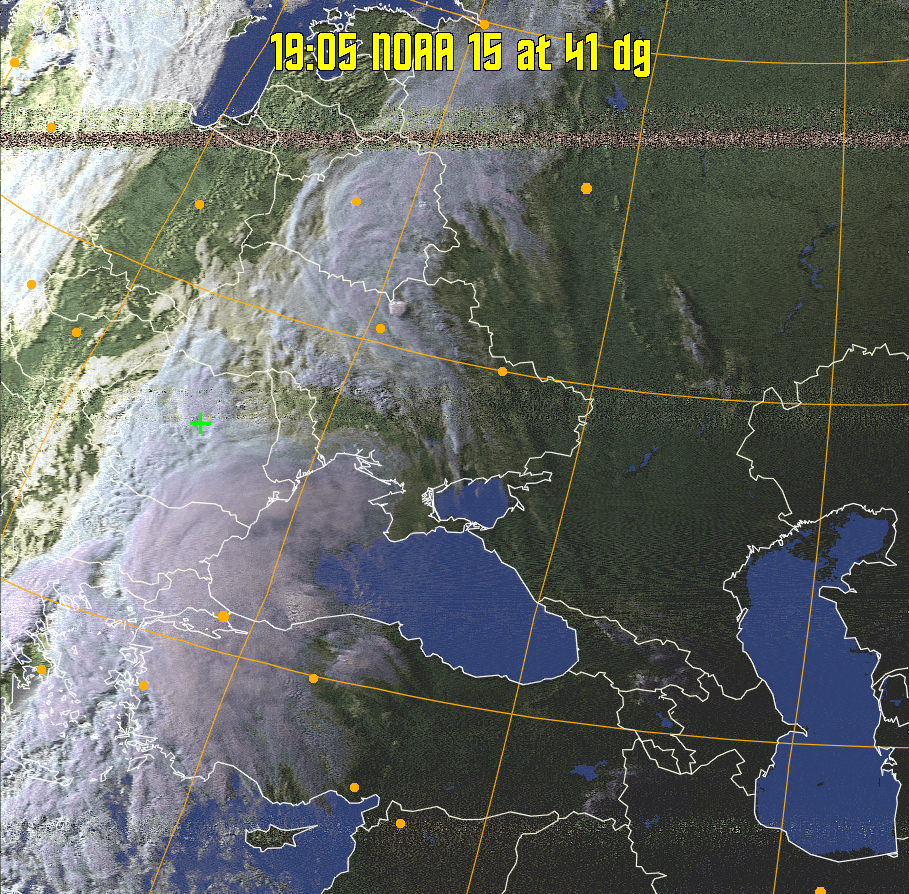 HVCT:
Similar to HVC, but with blue water and with colours more indicative of
land temperatures.
HVC:
Creates a false colour image from NOAA APT images based on temperature using
the HVC colour model. Uses the temperature derived from the sensor 4 image to
select the hue and the brightness from the histogram equalised other image to
select the value and chroma. The HVC colour model attempts to ensure that different colours at the same value will appear to the eye to be the same brightness
and the spacing between colours representing each degree will appear to the eye to
be similar. Bright areas are completely unsaturated in this model.