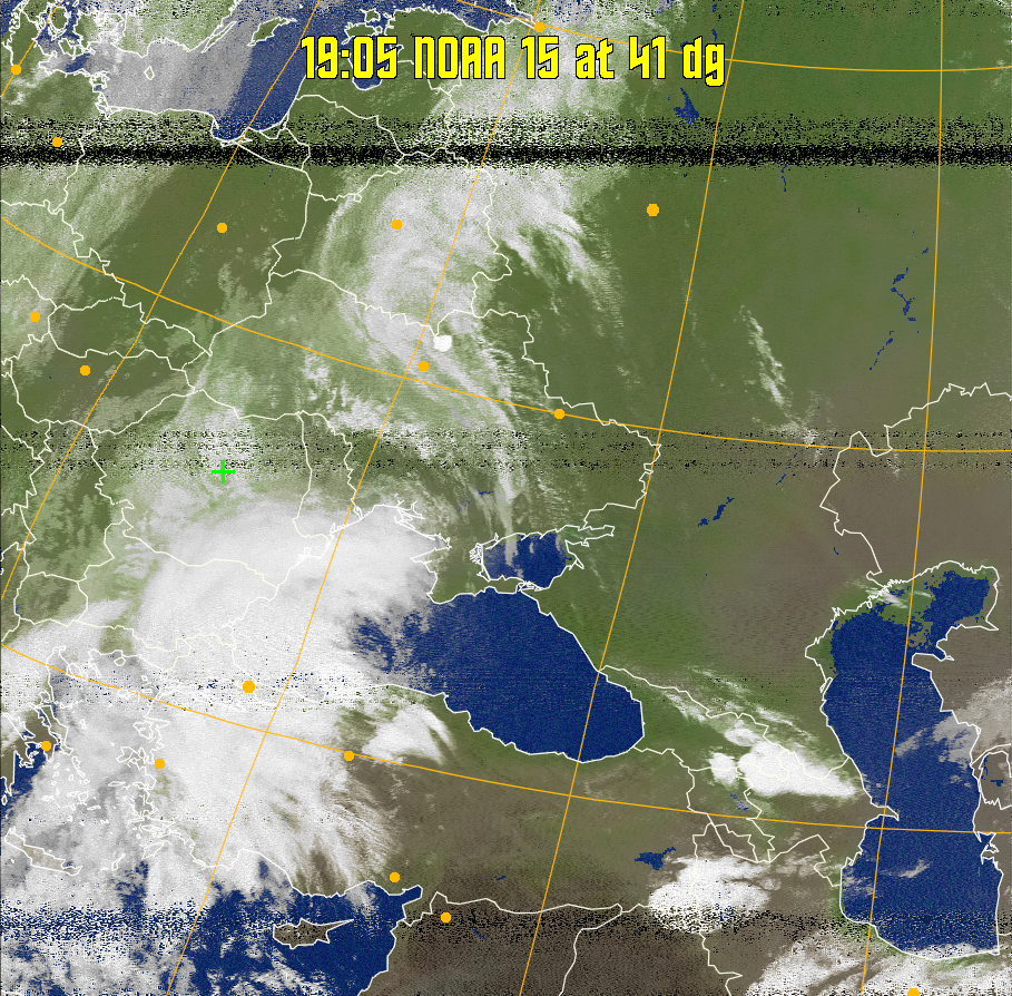 MCIR-precip: 
Colours the NOAA sensor 4 IR image using a map to colour the sea blue and land
green. High clouds appear white, lower clouds gray or land/sea coloured, clouds
generally appear lighter, but distinguishing between land/sea and low cloud may
be difficult. Darker colours indicate warmer regions.