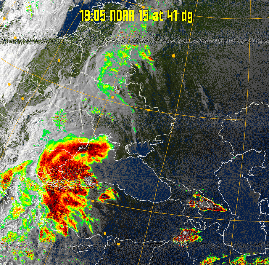 MSA-precip:
Same as MSA multispectral analysis, but high cold cloud tops are coloured the
same as the NO enhancement to give an approximate indication of the probability
and intensity of precipitation.