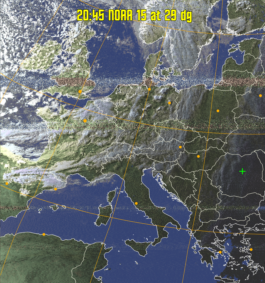 HVCT:
Similar to HVC, but with blue water and with colours more indicative of
land temperatures.
HVC:
Creates a false colour image from NOAA APT images based on temperature using
the HVC colour model. Uses the temperature derived from the sensor 4 image to
select the hue and the brightness from the histogram equalised other image to
select the value and chroma. The HVC colour model attempts to ensure that different colours at the same value will appear to the eye to be the same brightness
and the spacing between colours representing each degree will appear to the eye to
be similar. Bright areas are completely unsaturated in this model.