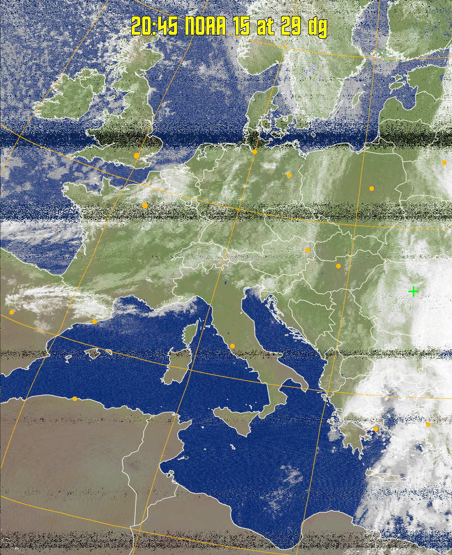MCIR-precip: 
Colours the NOAA sensor 4 IR image using a map to colour the sea blue and land
green. High clouds appear white, lower clouds gray or land/sea coloured, clouds
generally appear lighter, but distinguishing between land/sea and low cloud may
be difficult. Darker colours indicate warmer regions.