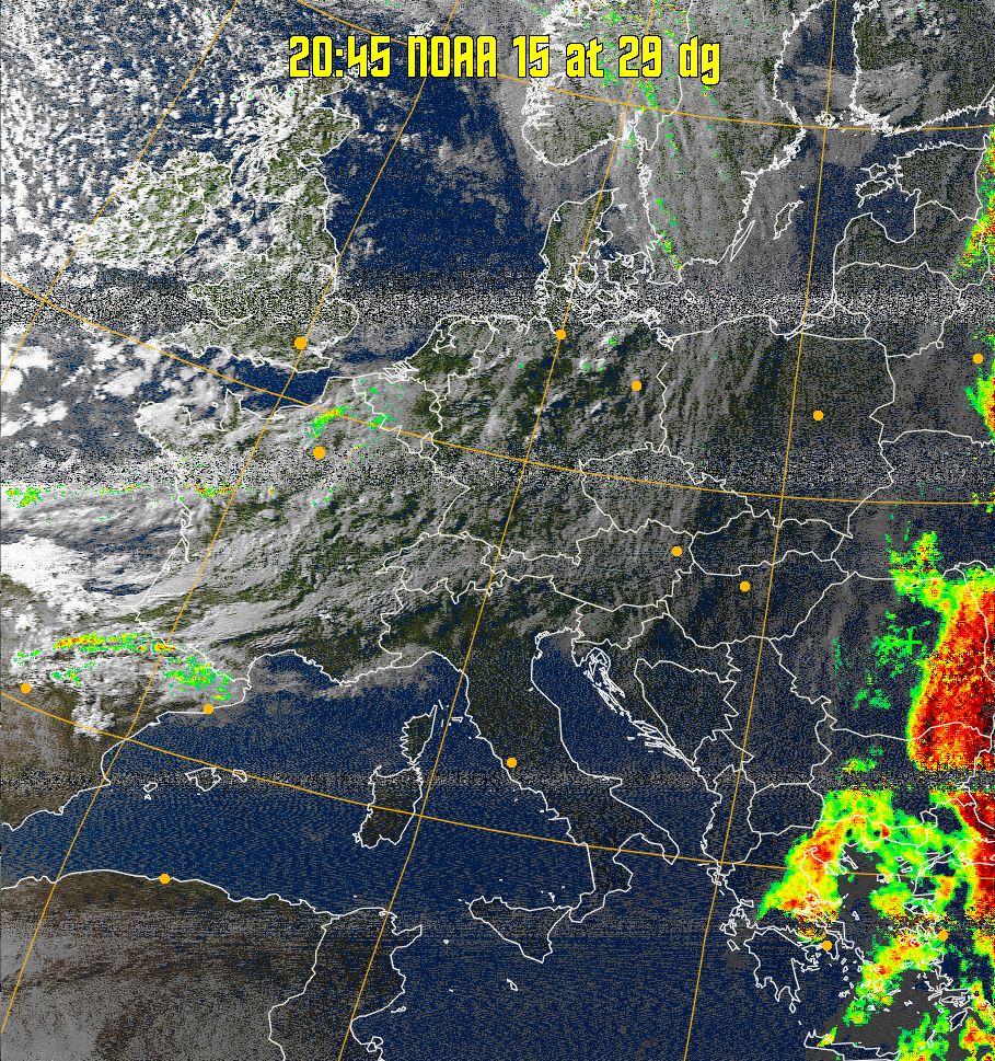 MSA-precip:
Same as MSA multispectral analysis, but high cold cloud tops are coloured the
same as the NO enhancement to give an approximate indication of the probability
and intensity of precipitation.