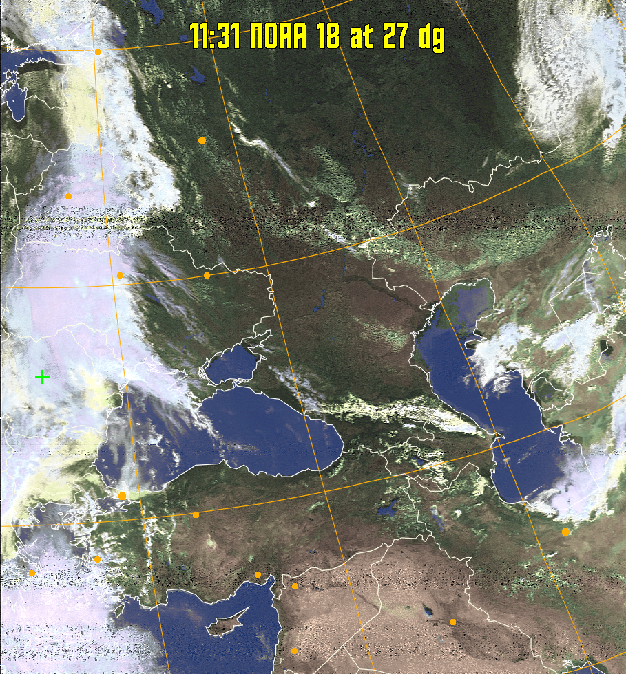 HVCT:
Similar to HVC, but with blue water and with colours more indicative of
land temperatures.
HVC:
Creates a false colour image from NOAA APT images based on temperature using
the HVC colour model. Uses the temperature derived from the sensor 4 image to
select the hue and the brightness from the histogram equalised other image to
select the value and chroma. The HVC colour model attempts to ensure that different colours at the same value will appear to the eye to be the same brightness
and the spacing between colours representing each degree will appear to the eye to
be similar. Bright areas are completely unsaturated in this model.
