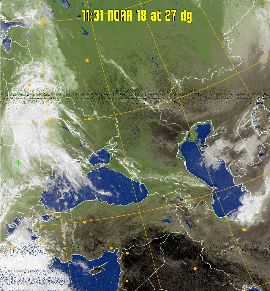 MCIR-precip: 
Colours the NOAA sensor 4 IR image using a map to colour the sea blue and land
green. High clouds appear white, lower clouds gray or land/sea coloured, clouds
generally appear lighter, but distinguishing between land/sea and low cloud may
be difficult. Darker colours indicate warmer regions.