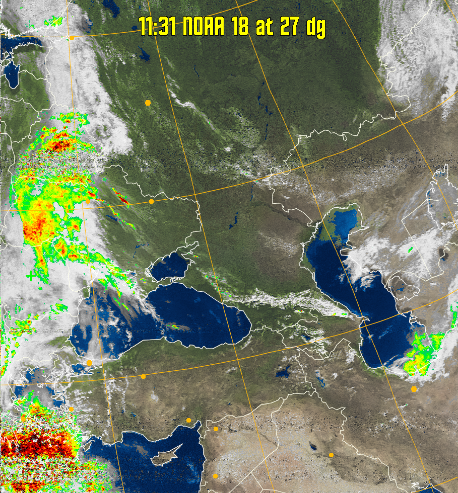 MSA-precip:
Same as MSA multispectral analysis, but high cold cloud tops are coloured the
same as the NO enhancement to give an approximate indication of the probability
and intensity of precipitation.