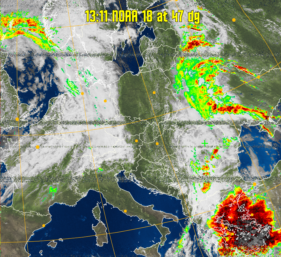 MSA-precip:
Same as MSA multispectral analysis, but high cold cloud tops are coloured the
same as the NO enhancement to give an approximate indication of the probability
and intensity of precipitation.