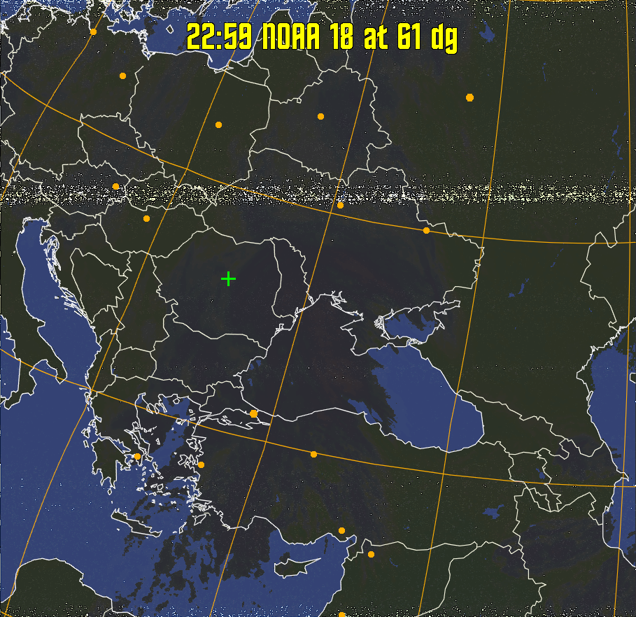 HVCT:
Similar to HVC, but with blue water and with colours more indicative of
land temperatures.
HVC:
Creates a false colour image from NOAA APT images based on temperature using
the HVC colour model. Uses the temperature derived from the sensor 4 image to
select the hue and the brightness from the histogram equalised other image to
select the value and chroma. The HVC colour model attempts to ensure that different colours at the same value will appear to the eye to be the same brightness
and the spacing between colours representing each degree will appear to the eye to
be similar. Bright areas are completely unsaturated in this model.