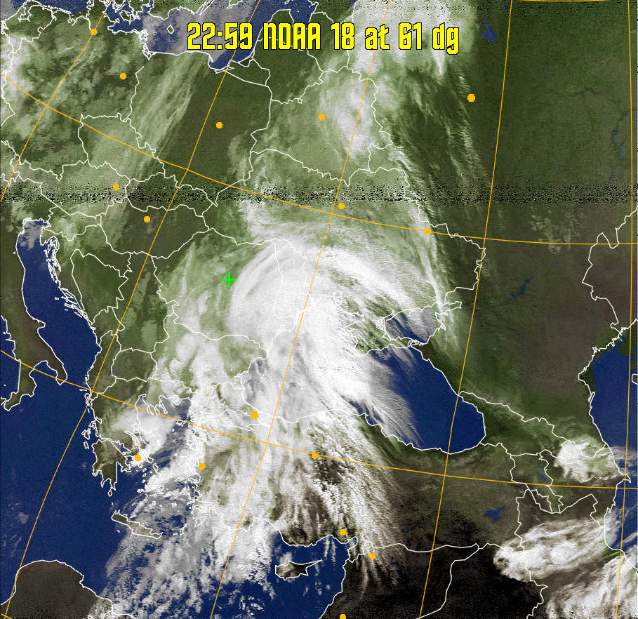 MCIR-precip: 
Colours the NOAA sensor 4 IR image using a map to colour the sea blue and land
green. High clouds appear white, lower clouds gray or land/sea coloured, clouds
generally appear lighter, but distinguishing between land/sea and low cloud may
be difficult. Darker colours indicate warmer regions.