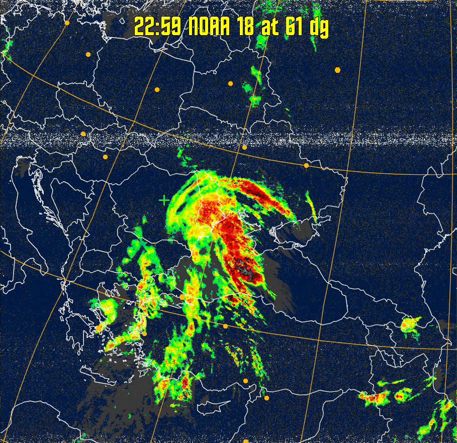 MSA-precip:
Same as MSA multispectral analysis, but high cold cloud tops are coloured the
same as the NO enhancement to give an approximate indication of the probability
and intensity of precipitation.