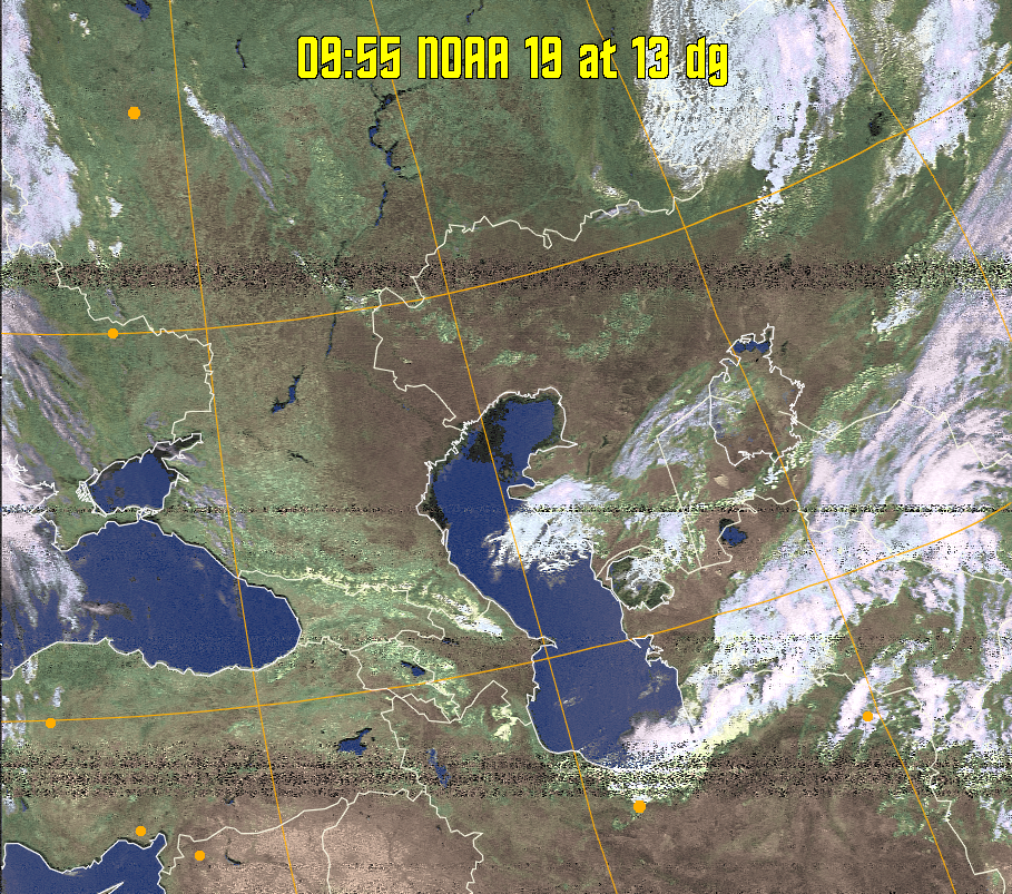 HVCT:
Similar to HVC, but with blue water and with colours more indicative of
land temperatures.
HVC:
Creates a false colour image from NOAA APT images based on temperature using
the HVC colour model. Uses the temperature derived from the sensor 4 image to
select the hue and the brightness from the histogram equalised other image to
select the value and chroma. The HVC colour model attempts to ensure that different colours at the same value will appear to the eye to be the same brightness
and the spacing between colours representing each degree will appear to the eye to
be similar. Bright areas are completely unsaturated in this model.