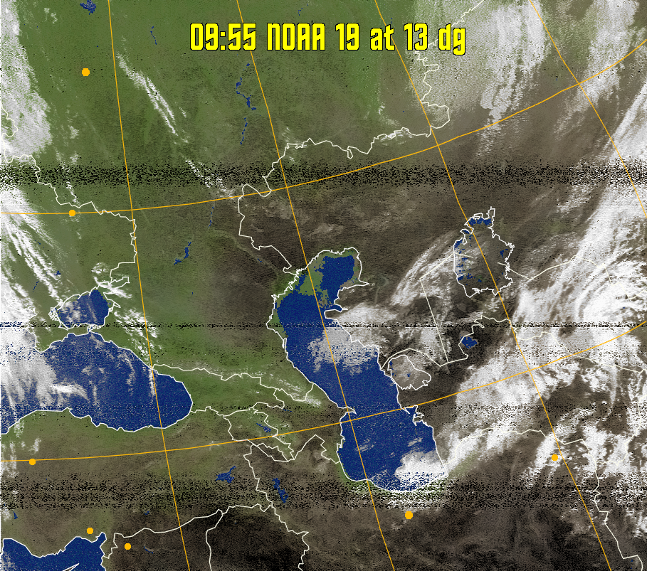 MCIR-precip: 
Colours the NOAA sensor 4 IR image using a map to colour the sea blue and land
green. High clouds appear white, lower clouds gray or land/sea coloured, clouds
generally appear lighter, but distinguishing between land/sea and low cloud may
be difficult. Darker colours indicate warmer regions.