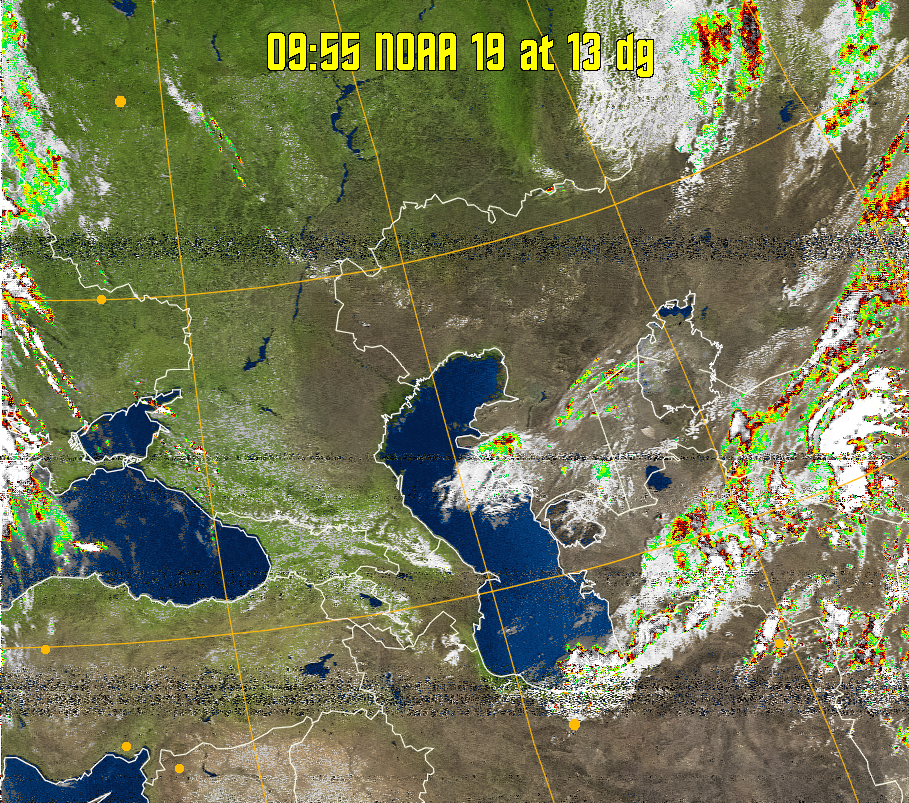 MSA-precip:
Same as MSA multispectral analysis, but high cold cloud tops are coloured the
same as the NO enhancement to give an approximate indication of the probability
and intensity of precipitation.