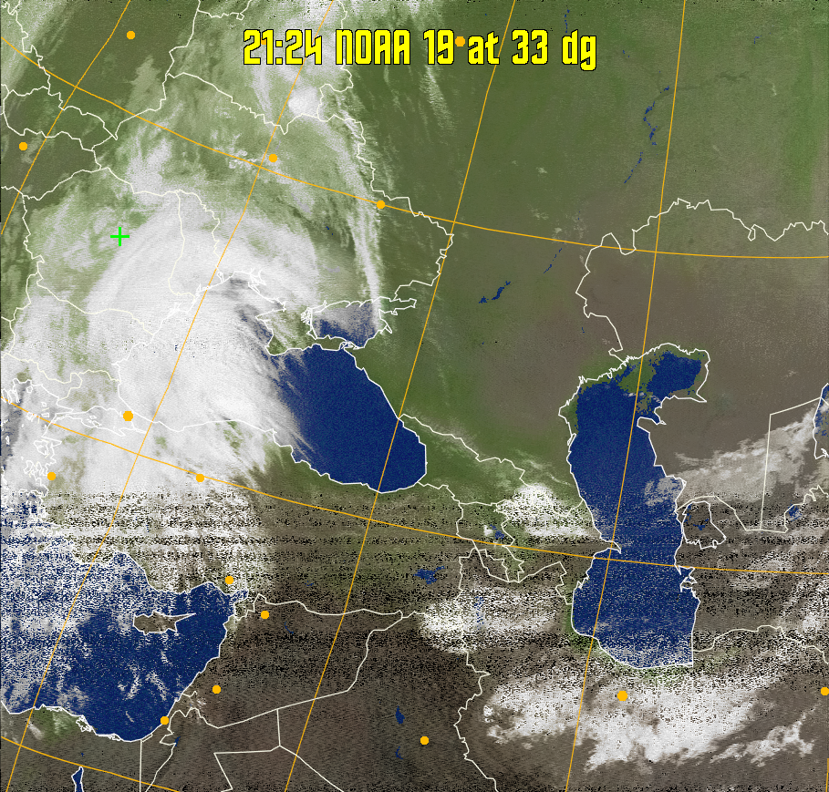 MCIR-precip: 
Colours the NOAA sensor 4 IR image using a map to colour the sea blue and land
green. High clouds appear white, lower clouds gray or land/sea coloured, clouds
generally appear lighter, but distinguishing between land/sea and low cloud may
be difficult. Darker colours indicate warmer regions.