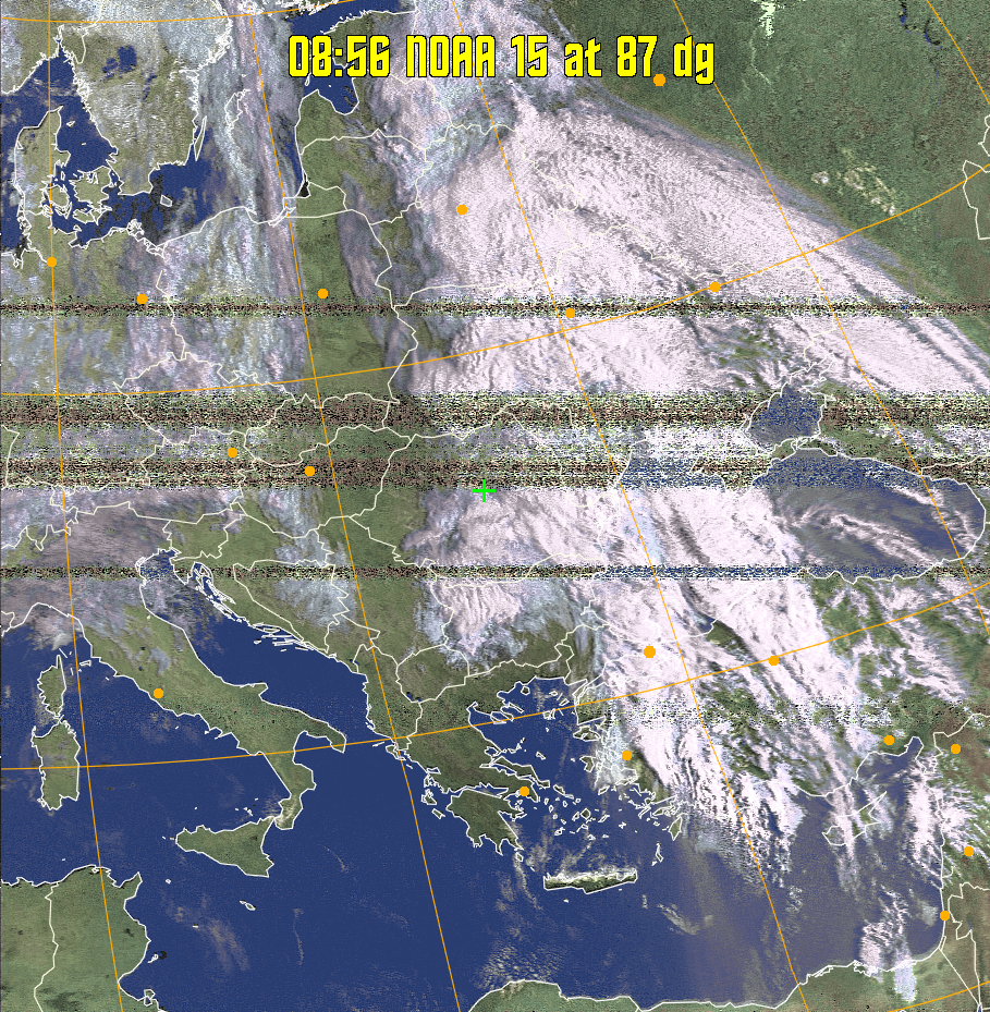 HVCT:
Similar to HVC, but with blue water and with colours more indicative of
land temperatures.
HVC:
Creates a false colour image from NOAA APT images based on temperature using
the HVC colour model. Uses the temperature derived from the sensor 4 image to
select the hue and the brightness from the histogram equalised other image to
select the value and chroma. The HVC colour model attempts to ensure that different colours at the same value will appear to the eye to be the same brightness
and the spacing between colours representing each degree will appear to the eye to
be similar. Bright areas are completely unsaturated in this model.