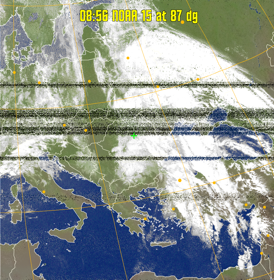 MCIR-precip: 
Colours the NOAA sensor 4 IR image using a map to colour the sea blue and land
green. High clouds appear white, lower clouds gray or land/sea coloured, clouds
generally appear lighter, but distinguishing between land/sea and low cloud may
be difficult. Darker colours indicate warmer regions.