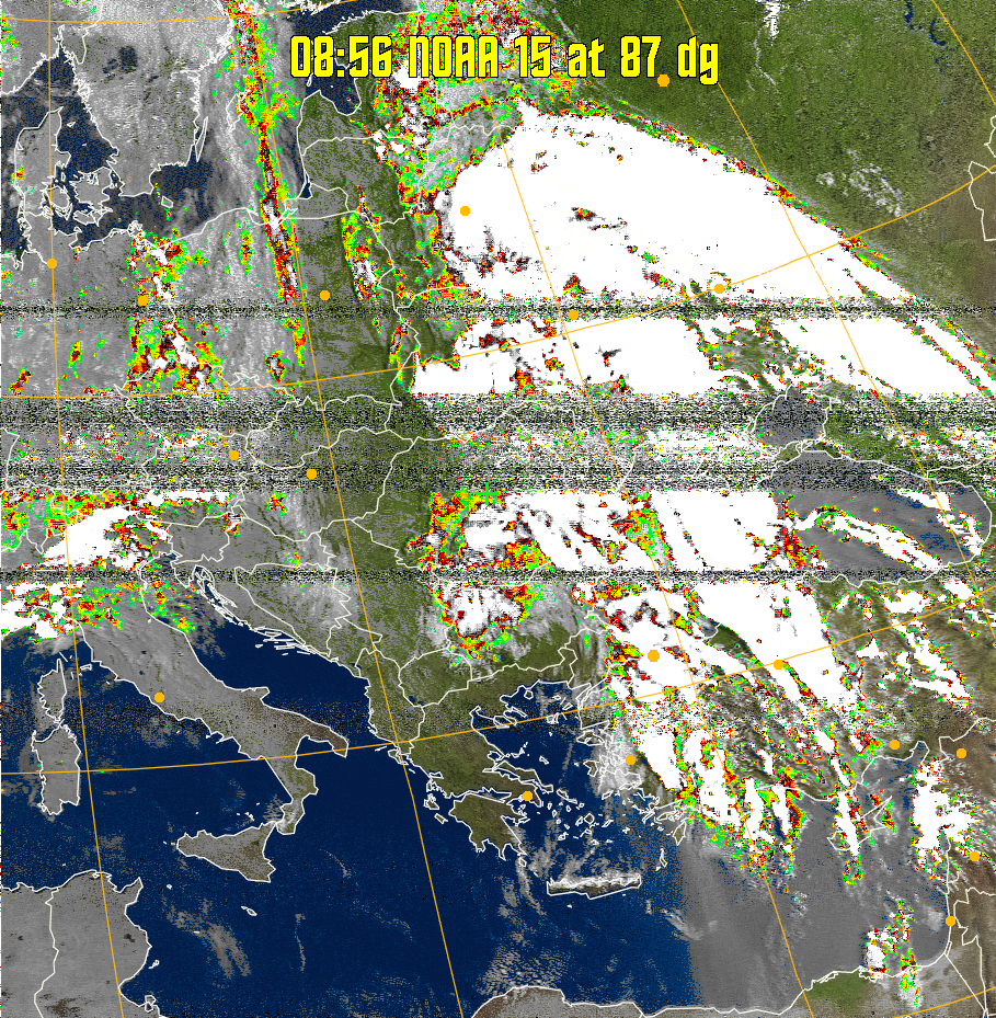 MSA-precip:
Same as MSA multispectral analysis, but high cold cloud tops are coloured the
same as the NO enhancement to give an approximate indication of the probability
and intensity of precipitation.